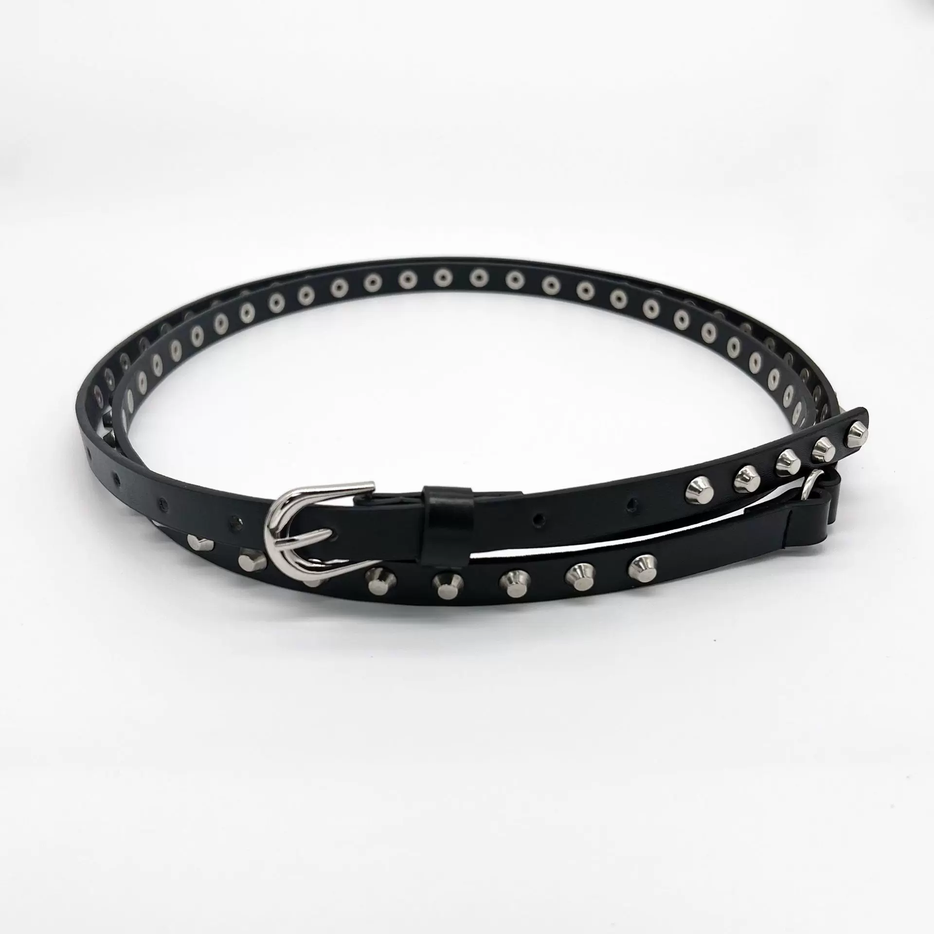 新款女士双圈百搭休闲水桶钉细腰带铆钉超长朋克牛仔跨境爆款批发