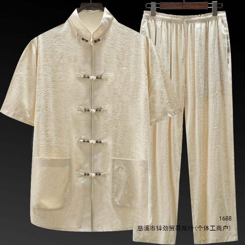 Chinese style Tang suit, mulberry silk men's and elderly men's summer clothes, ice silk suit, grandfather and father's short-sleeved set