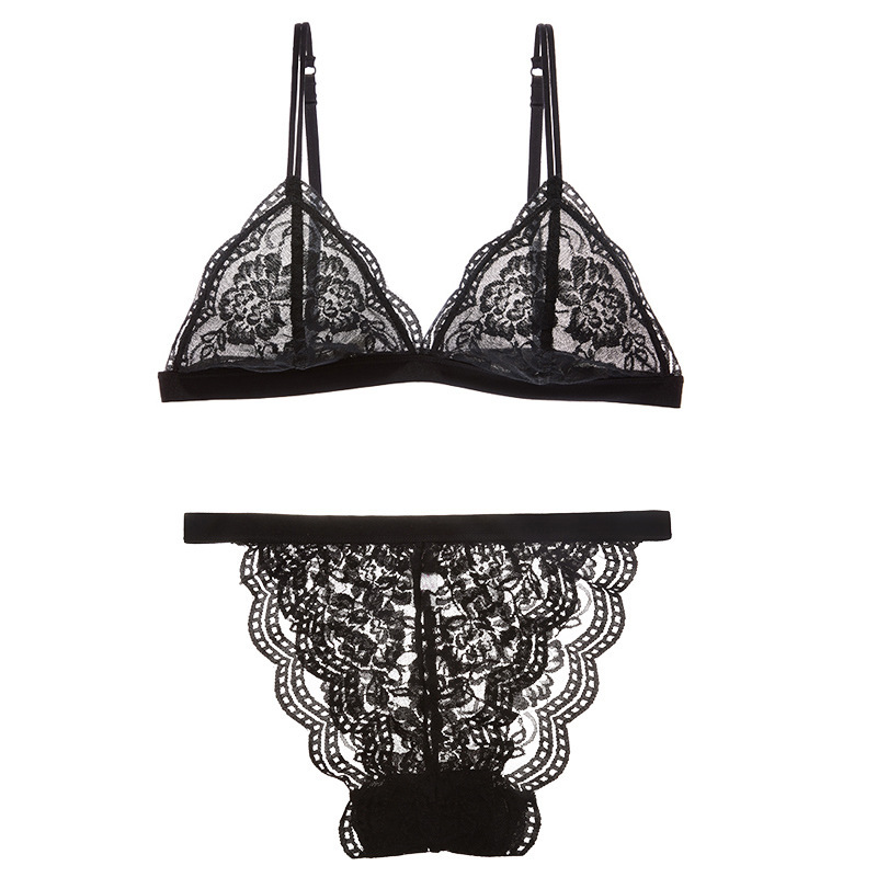 Procesamiento personalizado sujetador de encaje sexy francés ropa interior de copa triangular talla grande sin anillo de acero ropa interior delgada conjunto de ropa interior