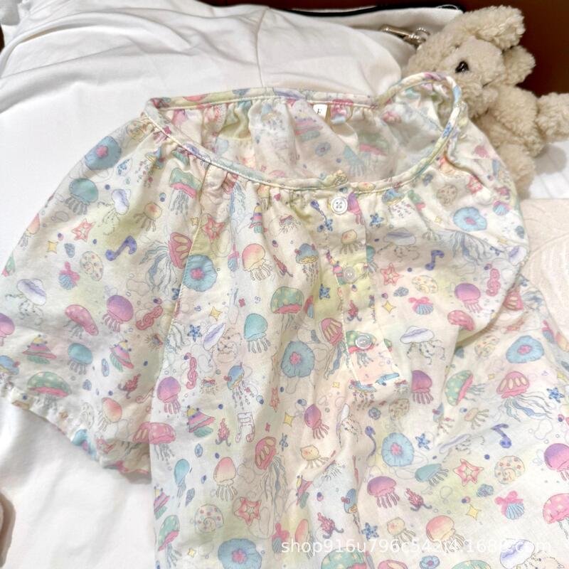 Round Neck~Short-Sleeved Shorts, Ins-Style A-Class Cotton Double-Layer Gauze Pullover Pajamas, Cute Loungewear, Skin-Friendly and Breathable