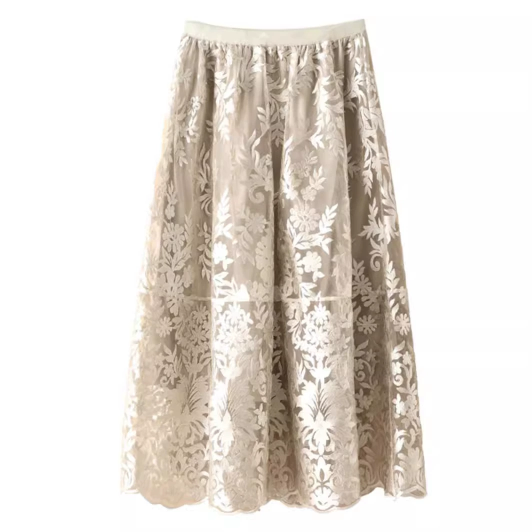 Юбка миди А-силуэта из органзы с тяжелой вышивкой в стиле французской сетки для женщин, новинка осени 2025, большие размеры