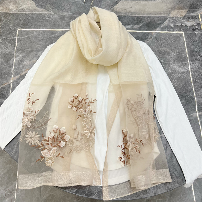 150g Weight Silk Scarf Classification Travel Occasion Polyester Material Flower Pattern Spring, Autumn Season Women's Gender Embroidery Design Elegant Style Women's Elegant Flower Polyester Embroidery Silk Scarf 7