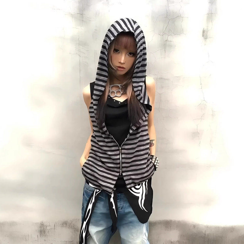Gothic Y2K Spicy Girl Striped Hooded Vest European and American Style Sleeveless Zipper Studded Cardigan Layered Outerwear Wholesale