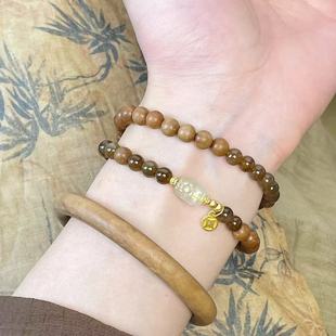Natural Indian Laoshan Sandalwood Jade Double Circle Bracelet Jasper Golden Hair Crystal Pixiu Bracelet New Chinese Style Wooden Women's Bracelet