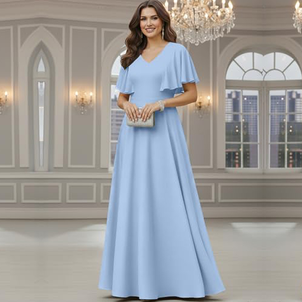 Evening dress with ruffled short sleeves, chiffon plus-size long gown, banquet bridesmaid dress, hostess dress for women