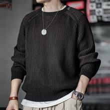 马登工装美式复古竖条纹编织毛衣插肩袖圆领加厚打底针织衫男秋冬