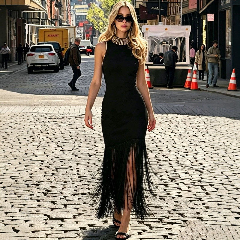 Elegant Black Tassel Sleeveless Mid-Length Knitted Dress Halter Neck Bandage Dress New Slim Fit Tight-Fitting Women's Clothing Elegant Black Tassel Sleeveless Mid-Length Knitted Dress Halter Neck Bandage Dress New Slim Fit Tight-Fitting Women's Clothing
