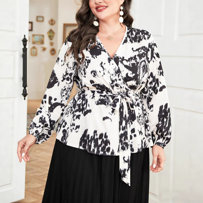Special Offer In-Stock Plus-Size Women's Clothing: Tie-Front Bowknot Top, V-Neck Long-Sleeve Loose Casual Shirt for Work