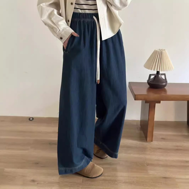 Drawstring Wide-Leg Jeans, New Spring and Autumn Style, Elastic Waist Pants for Women, Casual and Versatile Long Pants 2192