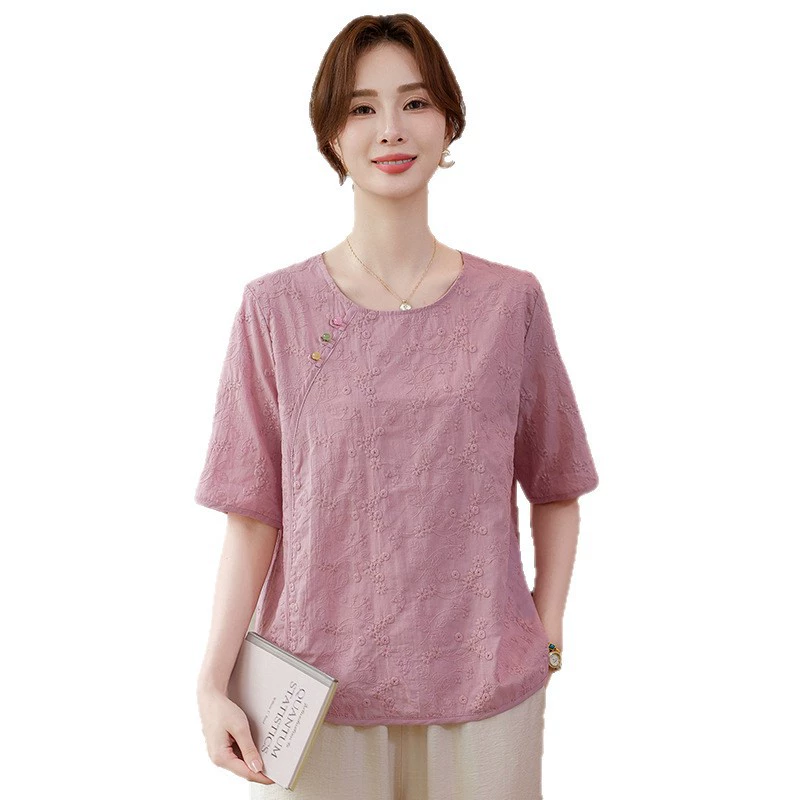 Новые женские рубашки с короткими рукавами в китайском стиле для женщин среднего и пожилого возраста для мам, новые летние женские розовые рубашки в китайском стиле