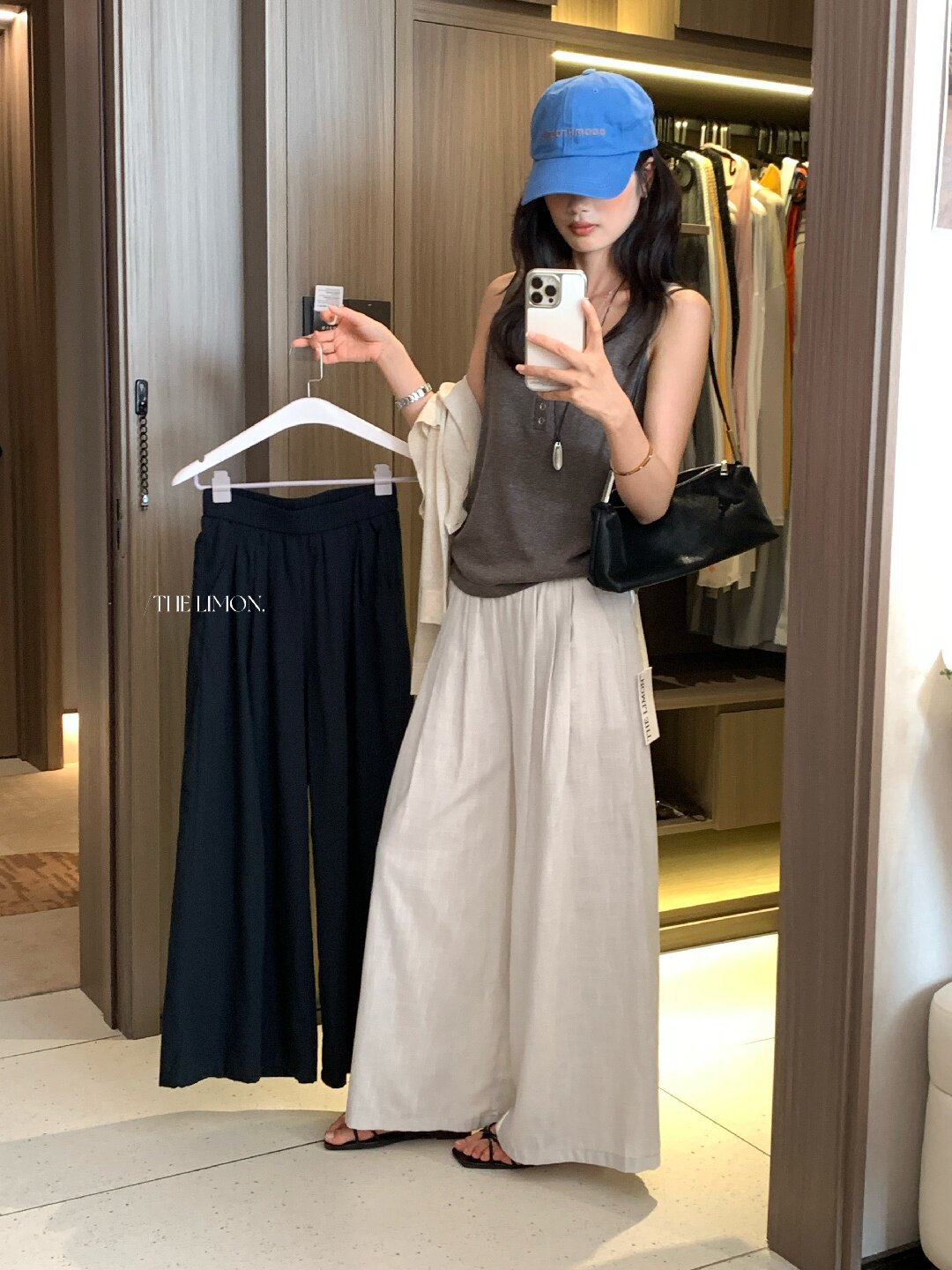 Quần ống rộng nữ vải linen phối cotton dáng suông mùa hè — Xám gạo, Xanh xám nhạt, Xanh đen, Cam bí ngô chi tiết 48