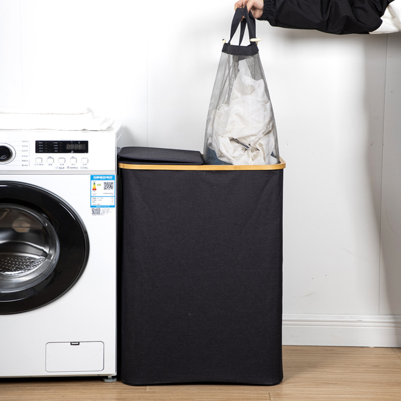 Doble cubo anillo de bambú cesta de la ropa sucia cesta de almacenamiento de ropa hogar Baño plegable cesta de la ropa cubo de la ropa