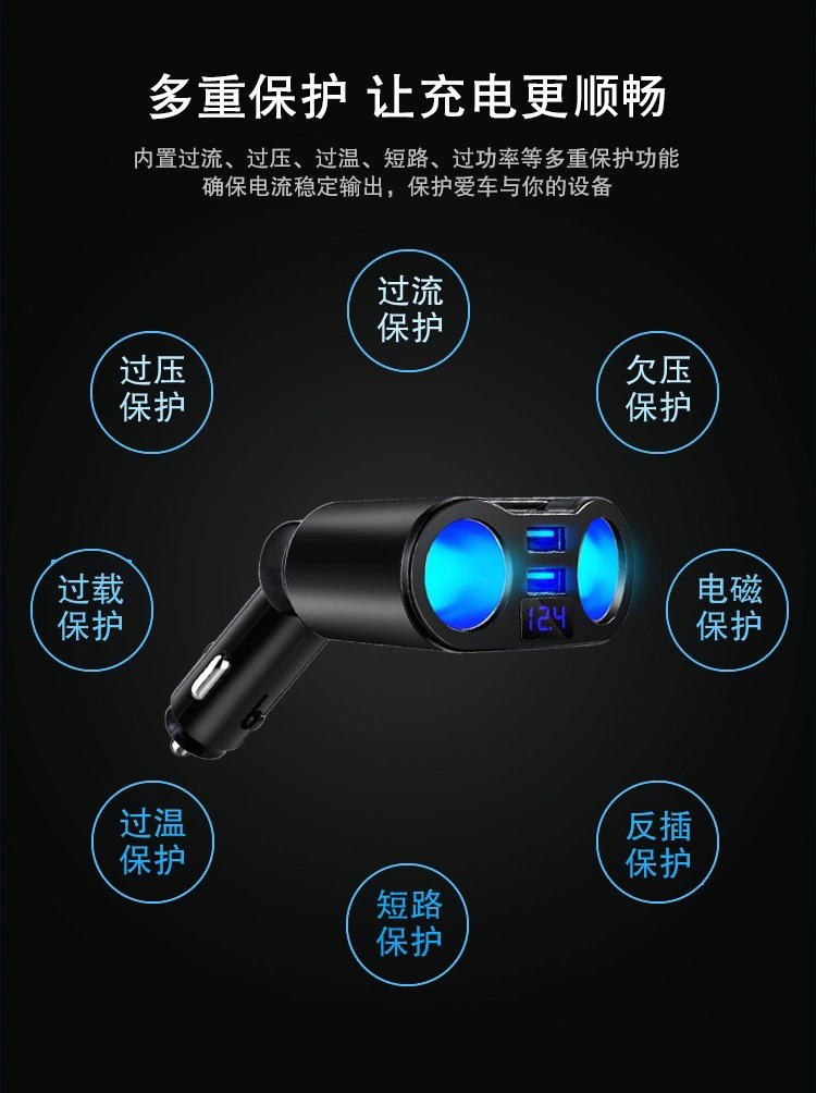 Cross-border rotating dual-port car cigarette lighter with adapter plug for car charging