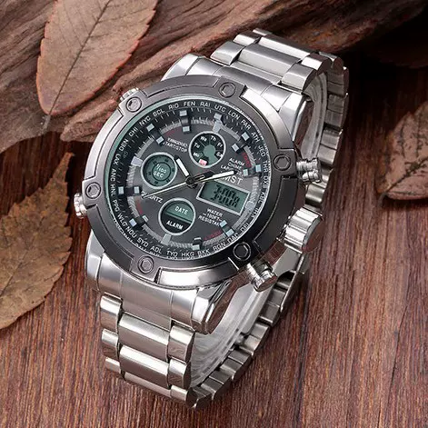 AMST艾美时特爆款时尚大气手表多功能钢带大显示双显学生电子手表