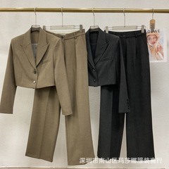 25秋冬新款女装时尚亚麻短款西装外套+高腰直筒裤洋气显瘦套装女