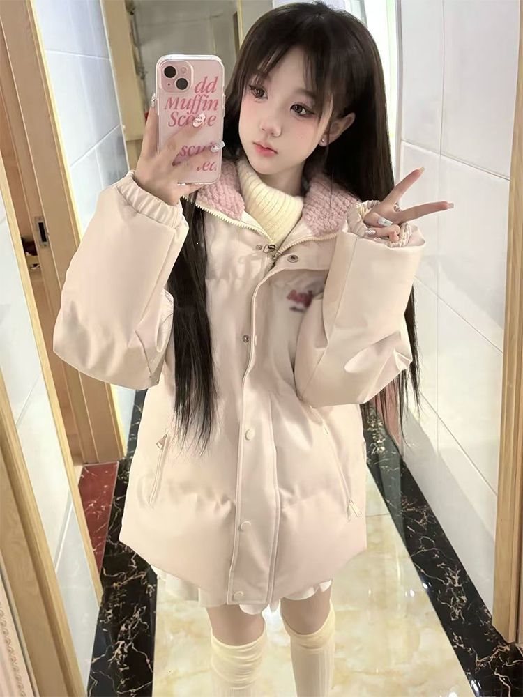 学院风韩版白鸭绒羊羔毛pu皮防寒羽绒服女冬学生宽松百搭加厚外套