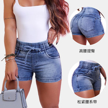 跨境欧美2025夏季新款女式时尚牛仔短裤高腰松紧腰显瘦系带设计