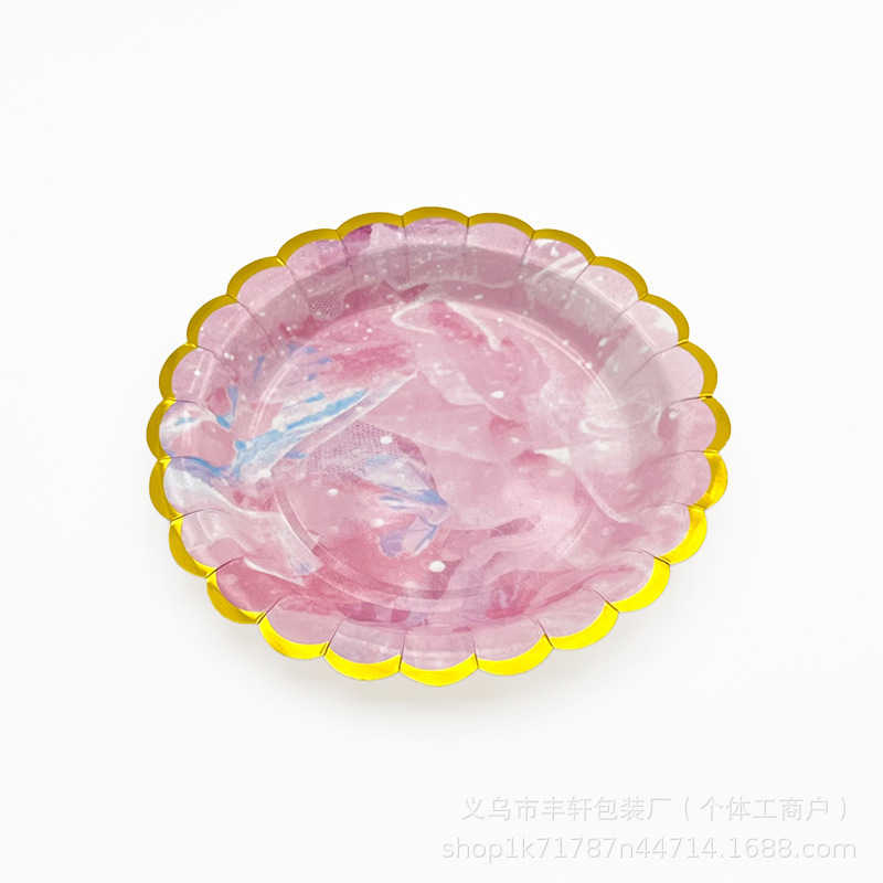 Plato de papel desechable conjunto de tazas de papel para fiesta doméstica comercial europea estampado patrón de mármol platos de papel de cumpleaños