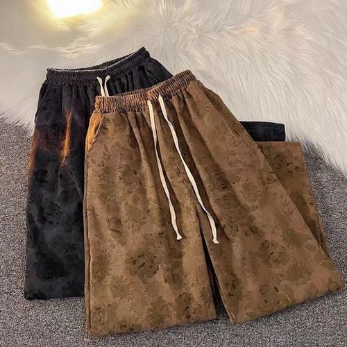 American Retro Corduroy Pants for Men, Versatile High Street Print Straight Leg Pants, Spring and Autumn Thin Wide Leg Sports Casual Pants