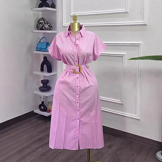 European and American Cross-Border 2025 New Autum Style Waist Slimming Look Short-Sleeved Shirt Mid-Length Pure Color Dress
