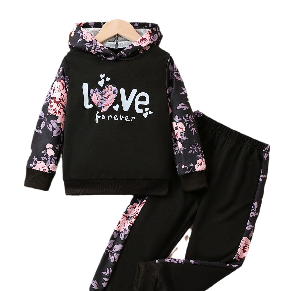 El Comercio exterior al por mayor de las niñas de moda de manga larga suéter de dos piezas conjunto de primavera y otoño de dibujos animados lindo patrón flor pantalones traje