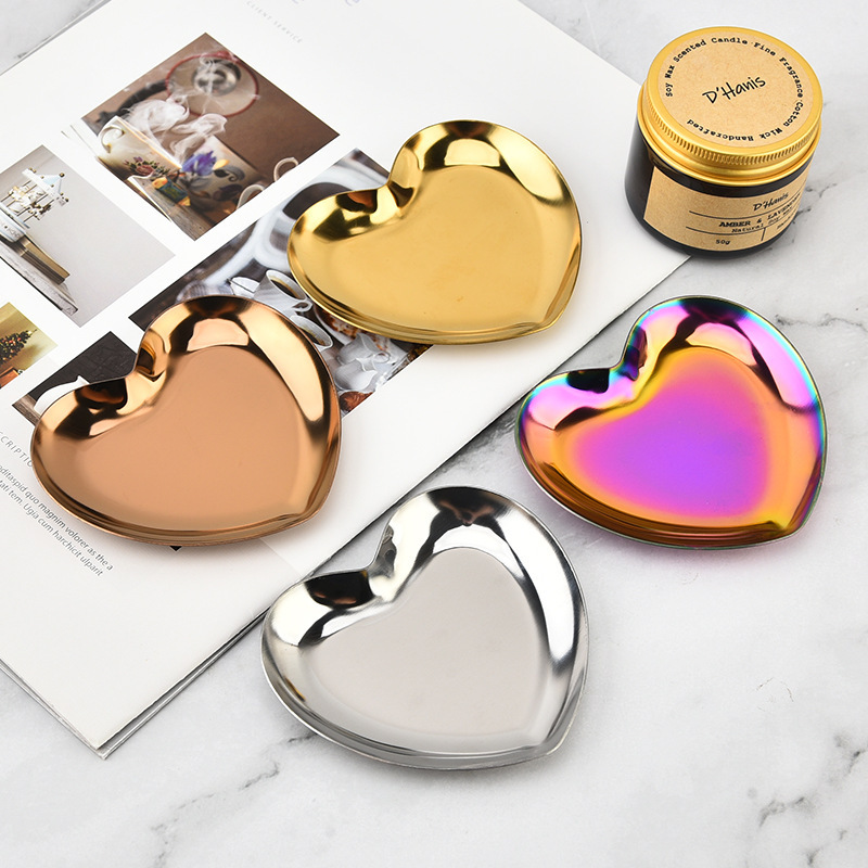 Heart-Shaped Decorative Small Tray Heart-Shaped Perfume Cosmetics Jewelry Stainless Steel Metal Storage Tray Dessert Tray Storage