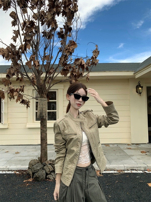 立领做旧美式复古短款牛仔外套女早秋新款正肩夹克上衣|undefined