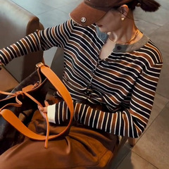 美ラードは色のストライプのウールのニットのカーディガンの女性の春秋のゆったりしている薄いタイプのセーターのコートにぶつかって色のウールの上着をつづり合わせます。