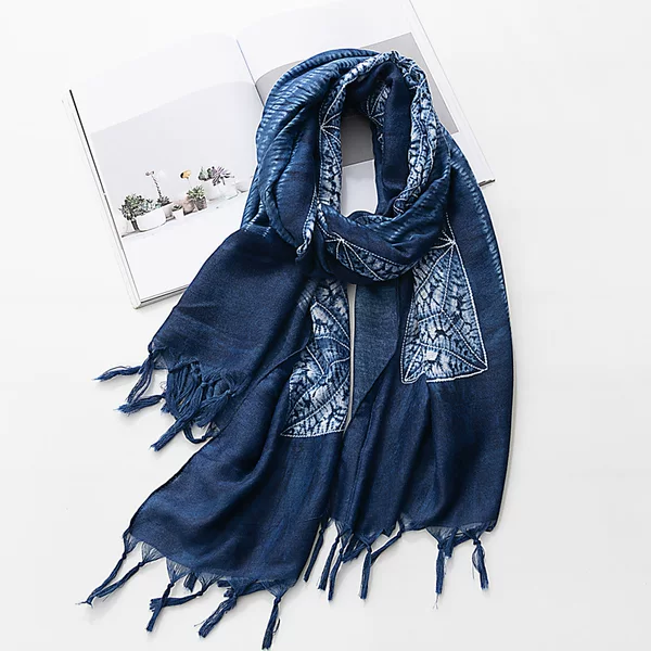Scarf Women's Spring and Autumn Thin Cotton Blended Tie-Dye Imitation Blue Dye Batik Artistic Travel Hand Gifts Vintage Ethnic Style Shawl
