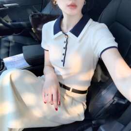 跨境白色POLO领针织纽扣修身短袖t恤女2026夏季时尚上衣短袖小衫1