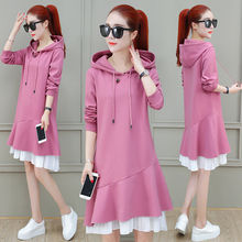 2025春季新款女装时尚荷叶边裙摆连衣裙休闲连帽中长款卫衣裙子潮