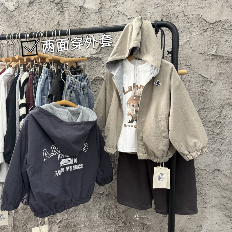 25秋季儿童美式两面穿连帽外套男童女童拼色字母拉链开衫双面夹克|undefined