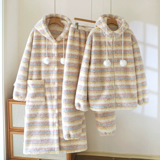 彩虹条纹毛绒连帽睡衣女秋冬加厚保暖拉链开衫家居服套装可外穿