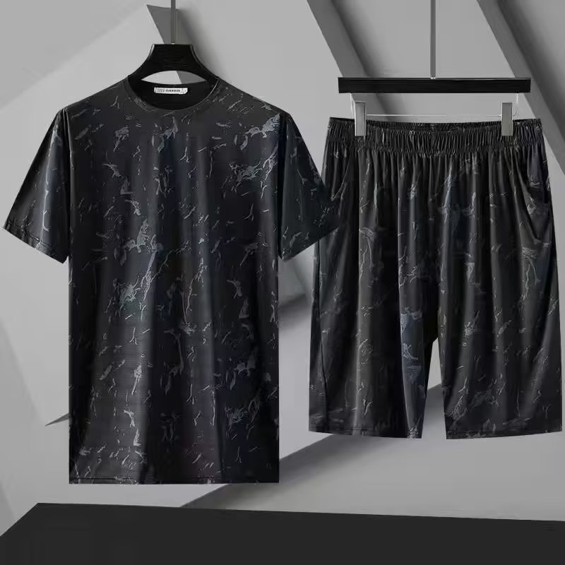 Camisa menos ropa de seda de hielo traje de manga corta hombres delgados verano nueva marca de agua personalidad moda deportes pantalones cortos conjunto de dos piezas