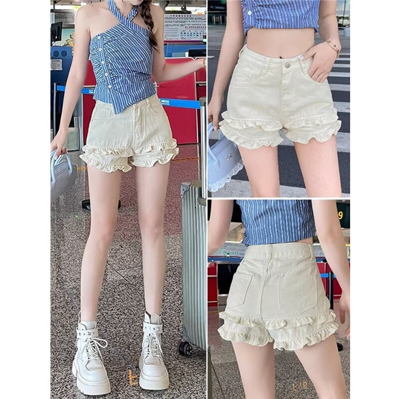 Blue Denim Shorts for Women, Summer 2025, Thin Double-Layered Lace Pleated Design, Stylish Hot Pants for Women