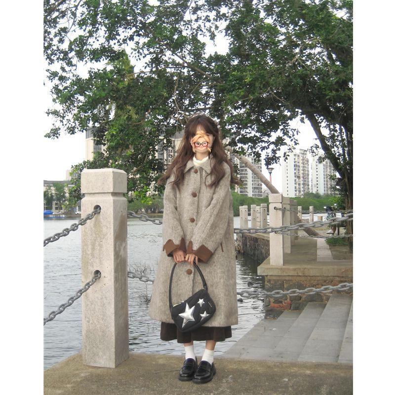 韩系复古立领拼色毛呢外套女秋冬季新款小个子中长款加厚呢子大衣|undefined