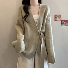 跨境外贸慵懒高级感V领系带针织开衫女秋冬季宽松中长款毛衣外套