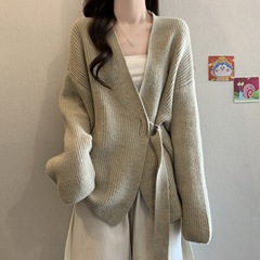 跨境外贸慵懒高级感V领系带针织开衫女秋冬季宽松中长款毛衣外套