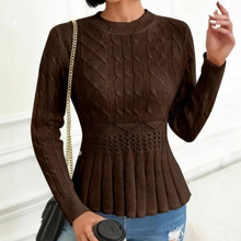 复古麻花圆领长袖针织连衣裙女2025春秋收腰显瘦打底字百褶上衣