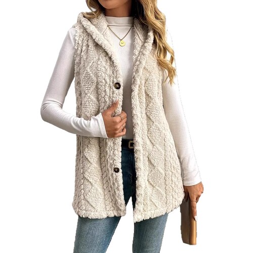 European and American cross-border foreign trade hot-selling solid color double-sided plush hooded button cardigan casual ladies autumn and winter vest