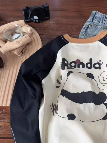 Boys' Spring Top 2025 Long-Sleeve Set-In Shoulder Children's Crew Neck Cartoon Top for Young Children Stylish and Versatile Splicing