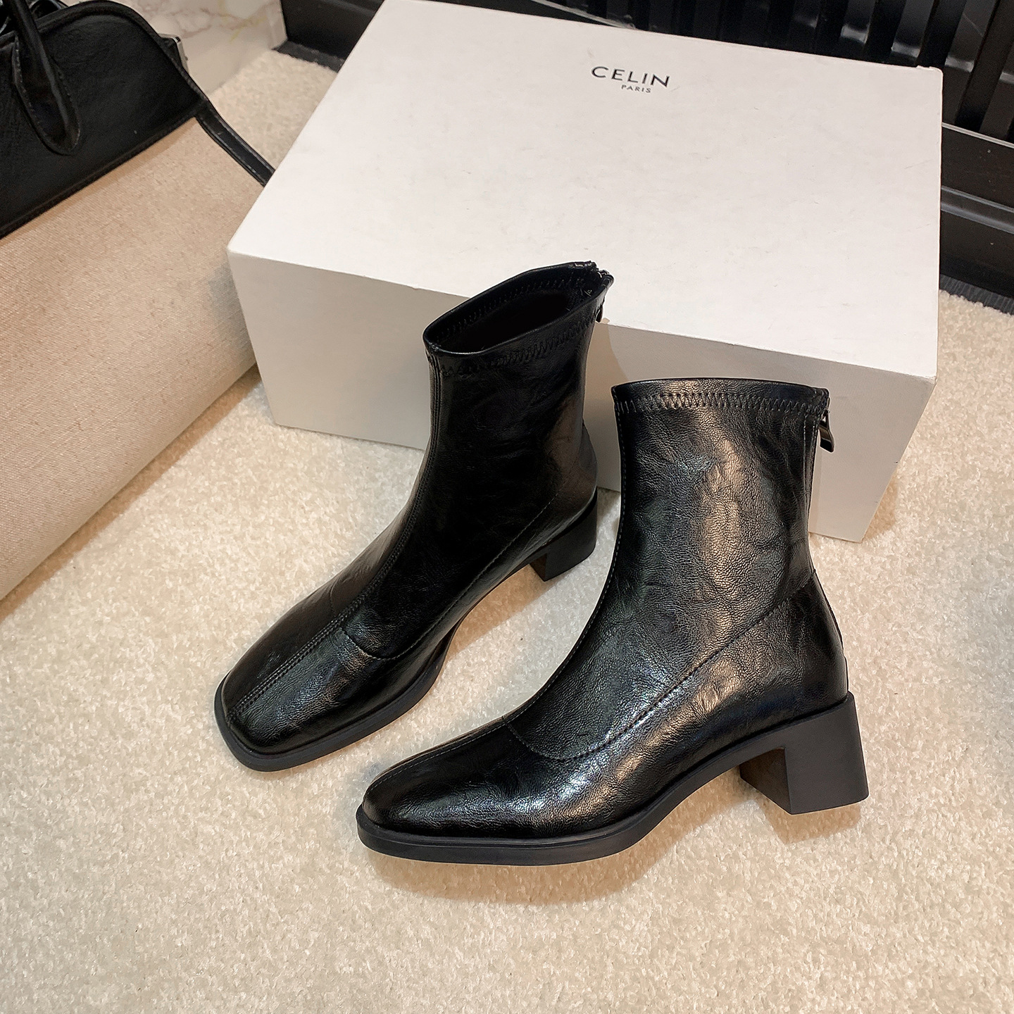 8cm Height-Increasing Short Boots for Women 2025 New High-Heeled Martin Boots Autumn and Winter Fleece-Lined Square Toe Elastic French Slim Boots