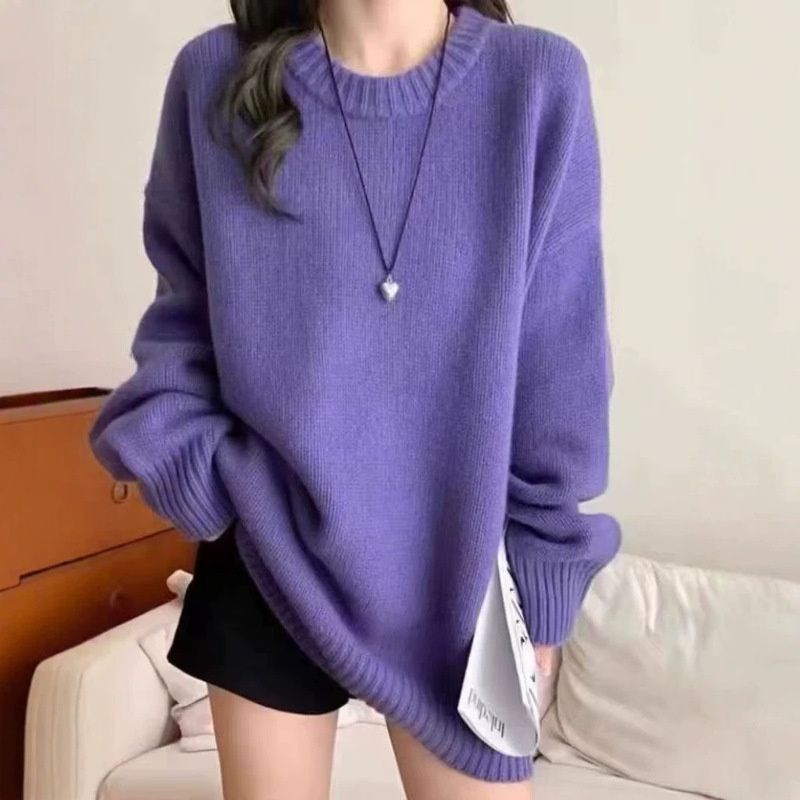 Autumn and Winter Mid-Length Pure Wool Sweater for Women, Round Neck, Thick Knitted Base Sweater Dress, Loose Plus Size Cashmere Sweater