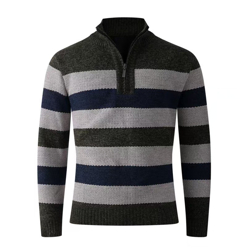 Aliexpress camiseta de punto a rayas para hombres otoño y invierno nuevo medio cremallera collar grueso ocio para hombres ocio suéter universal