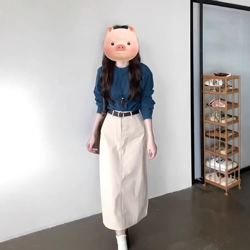 法式复古湖蓝色长袖衬衫女2025秋季新款宽松显瘦上衣半身裙两件套|undefined