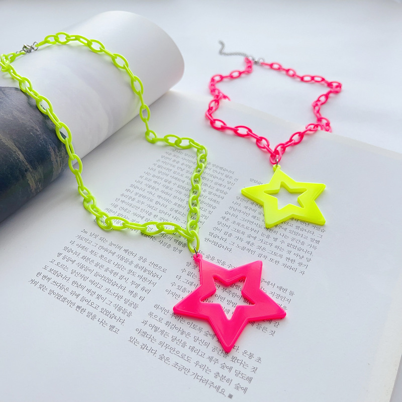 Fluorescent Star Pentagram Pendant Long Sweater Chain Necklace for Women Nightclub Y2K Color-Blocking Exaggerated Unique Personality Fluorescent Star Pentagram Pendant Long Sweater Chain Necklace for Women Nightclub Y2K Color-Blocking Exaggerated Unique Personality