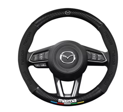 handle cover 5D embossed LOGO | Steering wheel cover - mazda-suede-five-color-strips-ears-38cm