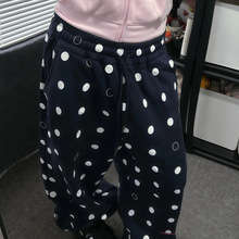 大码美式复古满印波点卫裤抽绳阔腿休闲裤女秋季新款裤垂感拖地裤