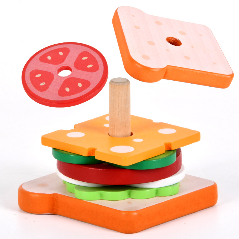 Los niños transfronterizos de simulación de madera jugar casa hamburguesa papas fritas sándwich columna juguete educativo divertido traje de cocina