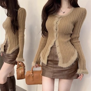 caramel Plush Patchwork Sweater Women's Spring and Autumn Slim-fit Short Outer Knitted Cardigan Stacked Slim-fit Top